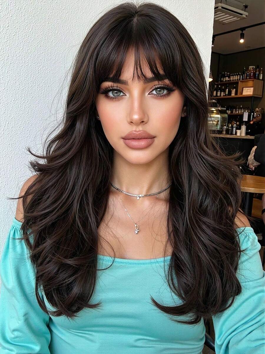 Brown Synthetic Wig With Bangs, Dark Brown Long Wavy Layered Wig, Suitable For Women's Daily Party Cosplay Wig 20 Inch For Everyday, Holiday, Travel Party Role-Play Wear - 棕色 - 查看 1