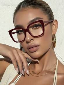 1 对女士勃艮第方形 PC 镜框复古纯色无度数眼镜适合日常佩戴透明眼镜配件，女士学校眼镜配件 - 酒紅色 - 查看 2