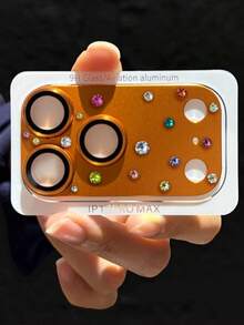 Luxury Bling Glitter Rhinestone 3D Armor Tempered Glass Camera Lens Protector Compatible With IPhone 17 Pro Max Metal Tempered Glass Rear Camera Screen Cover - Orange - View 2