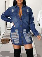 Women's Distressed Denim Jacket Streetwear - Destroyed Overshirt With Button Front & Shirt Cuffs, Edgy Ripped Casual Jacket For Urban Outfits, Casual Outerwear For Fall & Winter