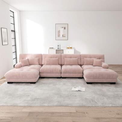 Modular U-Shaped Corner Sofa For Living Room, Comfortable 4-Seater Cloud Sofas With Removable Ottoman, DIY Combination, Chenille, Pink