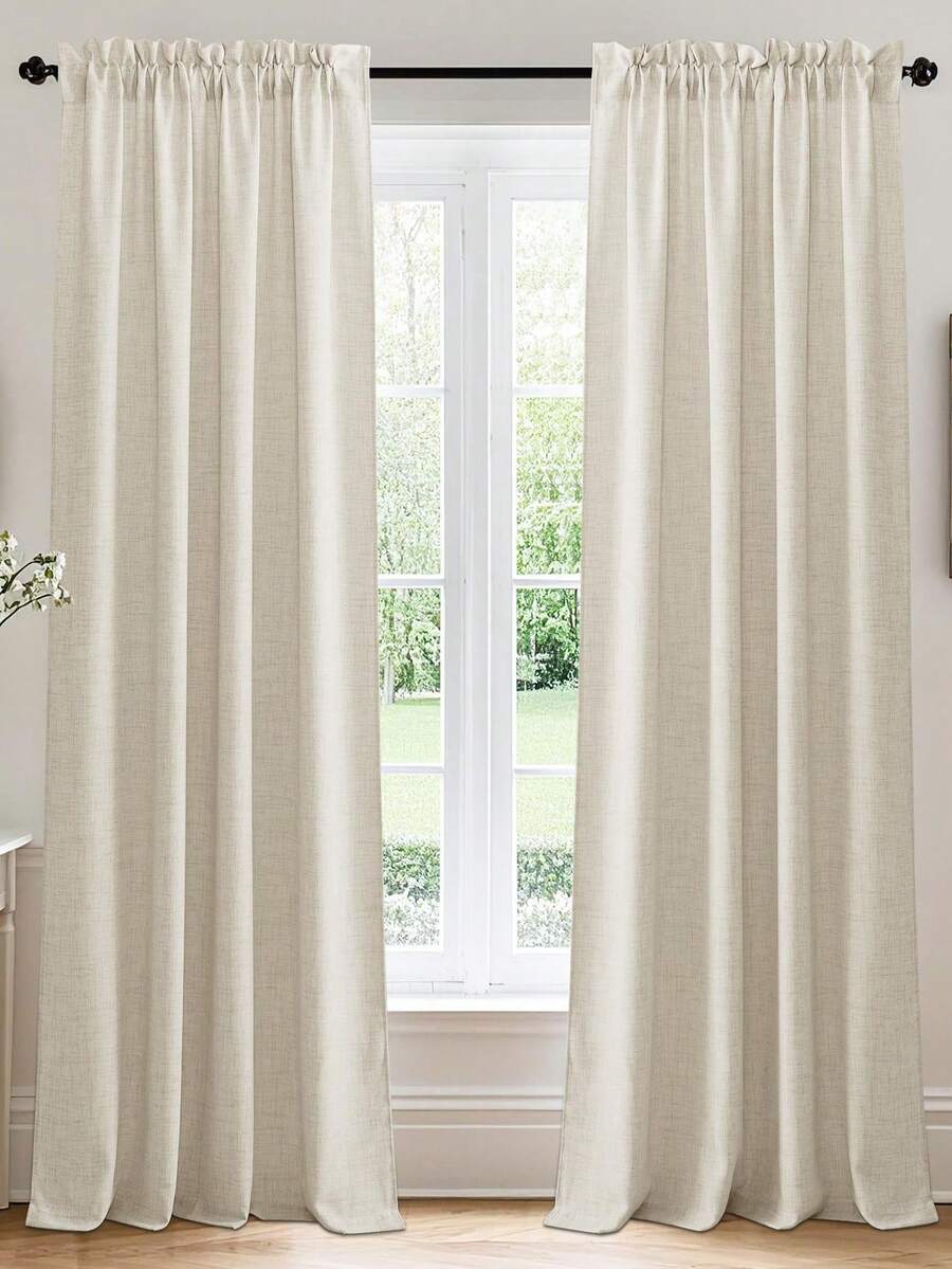 1pc/2pcs Japanese Style Solid Color Curtains, Minimalist Light Brown Linen Style Decorative Light Filtering Curtain Panels With Rods, Suitable For Living Room And Bedroom Window Decor - Beige - View 1