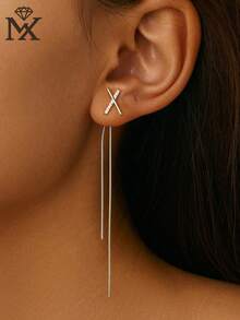 1 Pair Of 925 Sterling Silver Minimalist X-Shaped Cross Zirconia Front-And-Back Style Multi-Wear Fringe Pendant Stud Earrings