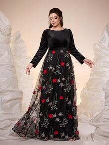 魔幻，新品上市，刺绣，圆领，优雅，大码舞会礼服，撞色蕾丝，荷叶边，长袖，天鹅绒，雪纺，适合，舞会、婚礼、派对、婚礼宾客、晚礼服，秋冬 - 黑色 - 查看 5