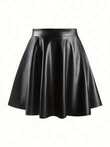 Mobula Sound Casual Elegant PU Leather Ruffle Hem A-Line Mini Skirt, Versatile For Spring/Autumn, Office, Daily, Travel, Airport