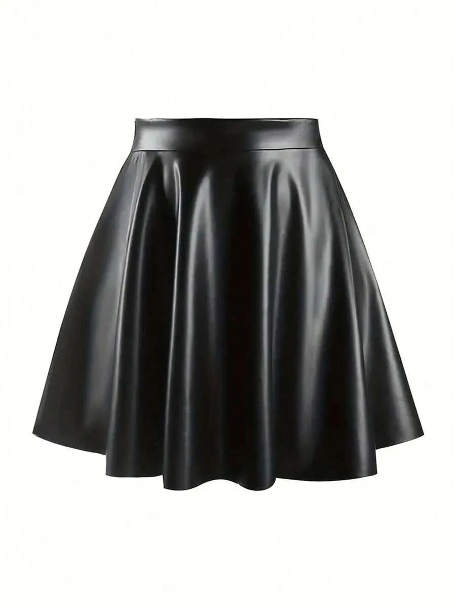 Mobula Sound Casual Elegant PU Leather Ruffle Hem A-Line Mini Skirt, Versatile For Spring/Autumn, Office, Daily, Travel, Airport