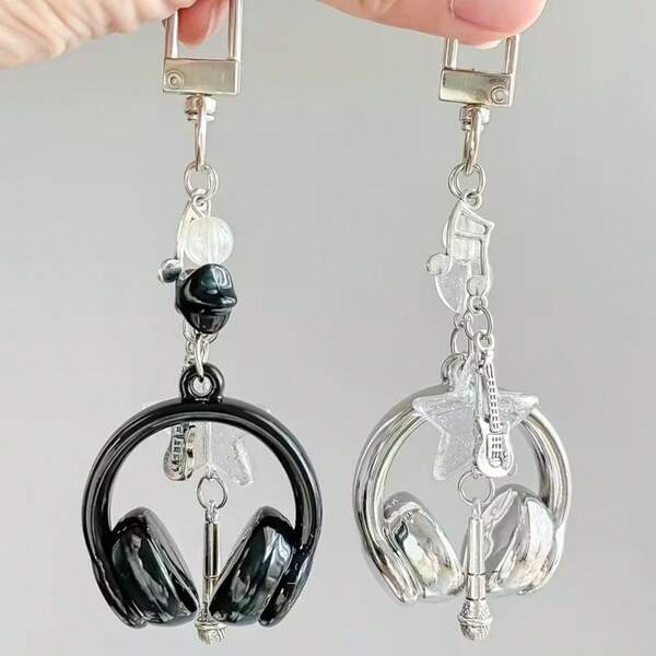 1pc New Music Headphone Keychain, Unisex, Creative Mini Guitar Note Heart Decor Accessory, Phone Strap, Backpack Hanging Ornament, Music Lover Gift Christmas Bag Charms Car Accessories Teacher Friend Sister Gift Ideas