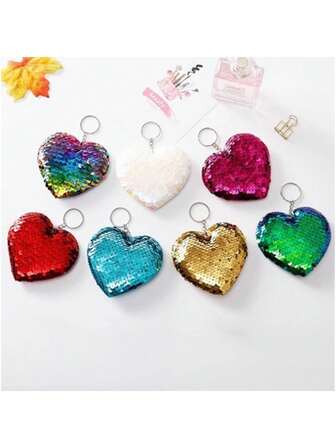 New Heart-Shaped Keychain, Double-Sided Reflective Sequin Bag Charm Accessory, Sequin Heart Keychain Pendant, Suitable As Valentine's Day Gift Bag & Key Decoration
