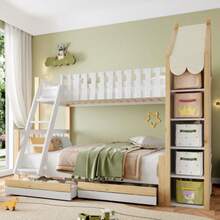 Bunk Bed, 90x200cm+140x200cm, Bed Rail, House Rail, Ladder, 2 Drawers, Irregular Fence, Without Mattress, White+Natural