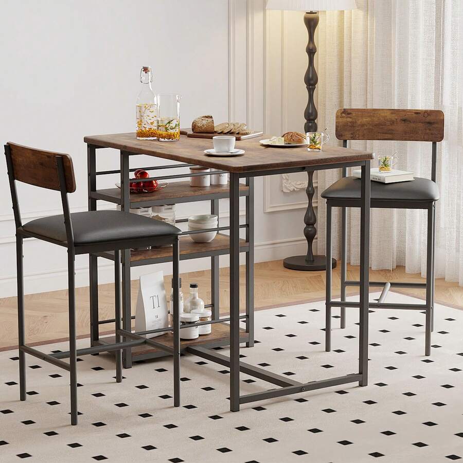 Juego de Mesa de Comedor pequeña para 2 con taburetes tapizados, Mesa de Cocina con 3 estantes de Almacenamiento, Mesa de Bar y sillas para Estudio, Departamento, Espacios pequeños - Color retro - Ver 1