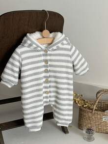 INS Newborn Baby Unisex Button Striped Knitted Thick Warm Lining Romper, Winter
