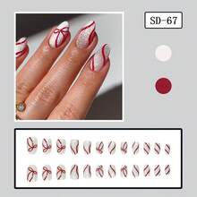 Upgrade Your Look,24Pcs Short Oval Full Coverage Removable Glossy Cat's Eye False Nails For Women,Christmas Red Ribbon Bow Pattern Design Nail Art,Minimalist, Romantic, Elegant, And Fashionable Style - White - View 8
