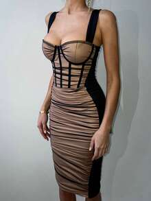 Đầm ôm sát dáng đuôi cá thanh lịch, gợi cảm dành cho nữ, phối màu tương phản, chất liệu lưới, xếp nếp, thích hợp cho các buổi hẹn hò hàng ngày, tiệc Halloween, Giáng sinh, Năm mới, Ngày lễ tình nhân và các buổi tiệc cocktail, màu đen, mùa xuân. - màu đen - Xem 4