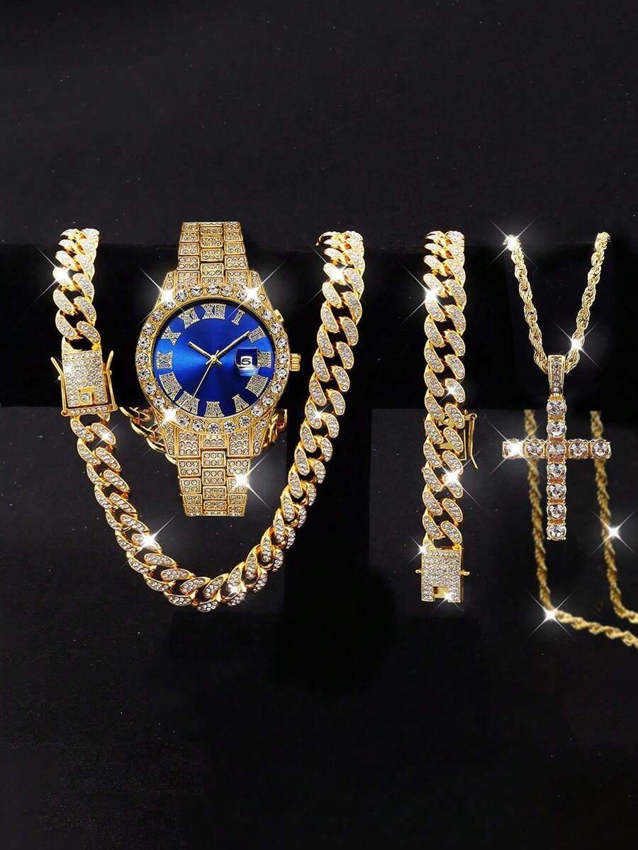 Hip Hop Chain Set, Unisex Fashion Watch, Necklace And Bracelet Set, Holiday Gift For Father - 金色 - 查看 1