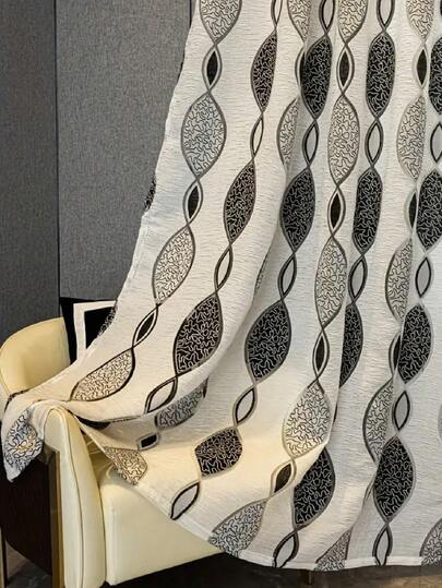1pc Black & White Geometric Pattern Jacquard Sheer Curtain With Rod Pocket, Suitable For Living Room And Bedroom - Transparent And Light Filtering Curtain, Living Room Curtain, Bedroom Curtain, Suitable For Christmas (180g Fabric Weight)