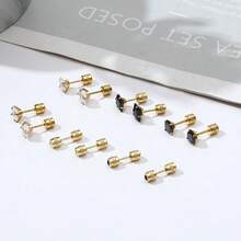 Stainless Steel Stud Earrings For Men Hypoallergenic Earring Flatback Black Earring Set Screw Back Studs Inlaid Cubic Zirconia Stud Earrings For Women Men - C-精緻金 - 查看 4