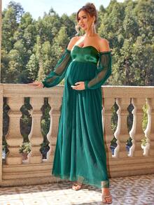 Joyfunear Đầm bầu hở vai tay dài phối lưới vá thanh lịch - Màu xanh lá cây đậm - Xem 6