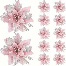 20pcs Glitter Poinsettia Artificial Christmas Flowers With Clips - Sparkling Blue & Pink Floral Garland Ornaments For Holiday Tree Decor, Wedding, And Party Decorations, Christmas Decorations - 10flower+10Clips - View 9