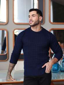 Men's Striped Knitted Sweater Blouse - Navy Blue - View 6