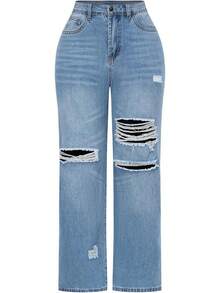 Pantalones vaqueros de tiro alto y pierna ancha con efecto desgastado y elásticos para mujeres THUNDER - Azul - Ver 12