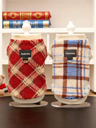 2 件，时尚格子宠物背心 + 宠物项圈 - 温暖柔软的狗毛衣带牵引绳环，适合小型犬和猫的舒适猫衣服，时尚小狗小猫服装，适合室内外日常穿着，寒冷天气宠物夹克（多种颜色/尺寸）