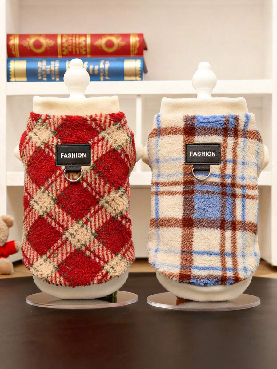 2pcs/Set, Fashionable Plaid Pet Vest + Pet Collar - Warm & Soft Dog Sweater With Leash Ring, Comfortable Small Dog/Cat Outfit, Stylish Puppy/Kitten Indoor/Outdoor Daily Wear, Warm Pet Jacket (Multiple Colors/Sizes) - Multicolor - View 1