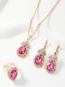 3 قطع مجموعة مجوهرات من الأقراط والخاتم والقلادة المرصعة بالراين الأنيقة، مناسبة للحفلات والهدايا العيدية