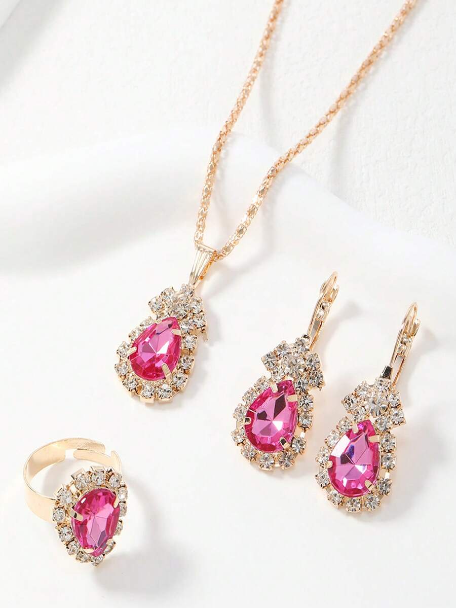 3 قطع مجموعة مجوهرات من الأقراط والخاتم والقلادة المرصعة بالراين الأنيقة، مناسبة للحفلات والهدايا العيدية