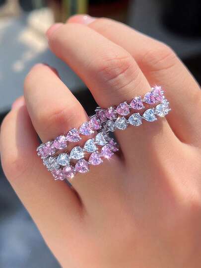 1 pezzo Anello di fidanzamento e matrimonio in argento sterling 925 con forma a cuore massiccio e zirconia cubica rosa, gioiello di lusso come regalo per festival