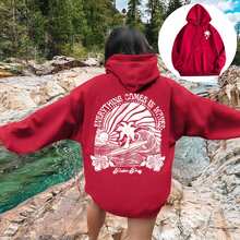2025 Women's Sportswear Hawaii Hibiscus Sweatshirt Ins Outdoor Warm Drop Shoulder Sleeve Ribbed Hoodie Embroidery Design - 紅色-椰樹 - 查看 1