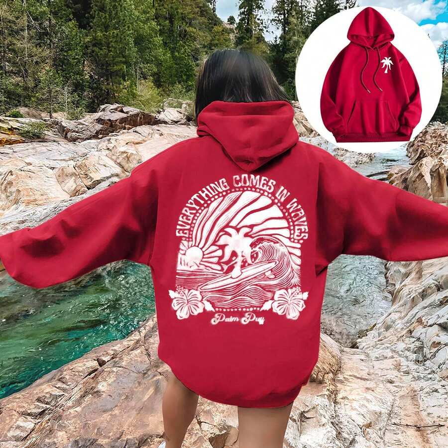 2025 Women's Sportswear Hawaii Hibiscus Sweatshirt Ins Outdoor Warm Drop Shoulder Sleeve Ribbed Hoodie Embroidery Design - 紅色-椰樹 - 查看 1