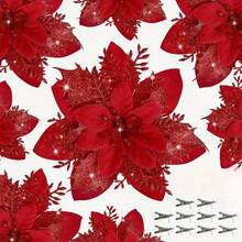 20pcs Glitter Poinsettia Artificial Christmas Flowers With Clips - Sparkling Blue & Pink Floral Garland Ornaments For Holiday Tree Decor, Wedding, And Party Decorations, Christmas Decorations - 10flower+10Clips - View 14