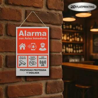 [入口警告标志]2D 平面，1 件复古木制标志 20*13.5 厘米 - 警报标志风格双语西班牙语/英语安全警告墙艺术与防盗消防安全图标 - 家庭办公室咖啡厅农场装饰经典警报设计，家庭安全保护标志 - 圣诞节/感恩节装饰门牌