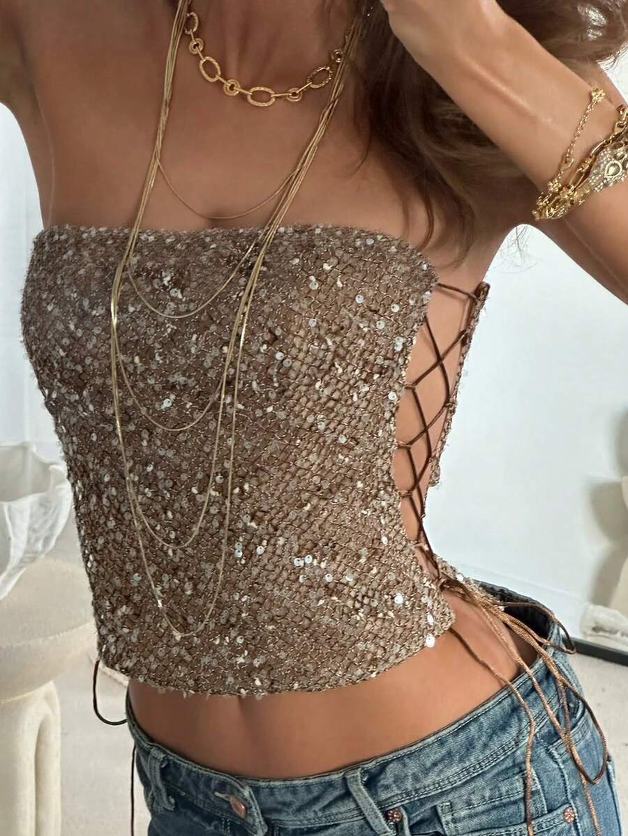 复古 Y2K 闪光钩针系带修身音乐节派对度假女式背心 - 棕色 - 查看 1