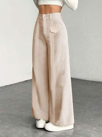 Women's High Waist Wide Leg Pants - Corduroy Fabric, Casual Trousers With Pockets, Comfortable For All Seasons, Machine/Dry Cleanable, Work Pants, Suitable For Daily Commute With Belt