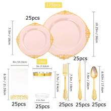 175pcs Pink And Gold Plastic Plates - Black Gold Disposable Plates Include 25 Dinner Plates,25pcsDessert Plates,25 Knives,25 Forks,25 Spoons,25 Cup,25 Napkins For Wedding & Party - Pink - View 7