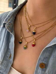 1pc Fashionable Stainless Steel Flat Oval Colorful Mini Stone 18k Gold Waterproof Versatile Women Necklace