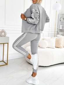 ChicMe 3pcs Women Striped Strap Decor Sleeveless Tank Top, Button Front Jacket, Drawstring Pocket Pants, Fashionable Casual Sports Suit - Ash - View 3