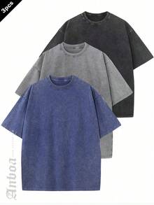 Anboa Men's 3-Pack Washed Oversized Tee Set, 230g Heavy Cotton Basic T-Shirts - Xanh xám đen xanh xám đen - Xem 1
