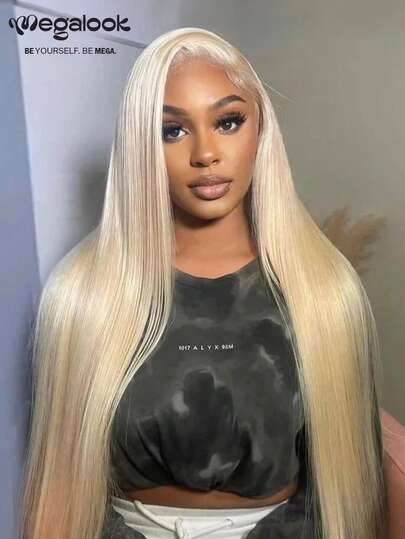 MEGALOOK 100% 真人处女发直发金色假发，13x4 蕾丝前假发 - 预先拔毛的自然发际线 #613 金色假发，180% 密度透明蕾丝假发 - 全天舒适，适合日常佩戴、办公室、派对、Y2K 风格、度假、周日盛装、角色扮演、上学、节日、圣诞节、返校、婚礼、万圣节、约会之夜等场合，是一款魅力十足的女士假发。