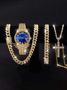 Hip Hop Chain Set, Unisex Fashion Watch, Necklace And Bracelet Set, Holiday Gift For Father - 金色 - 查看 6