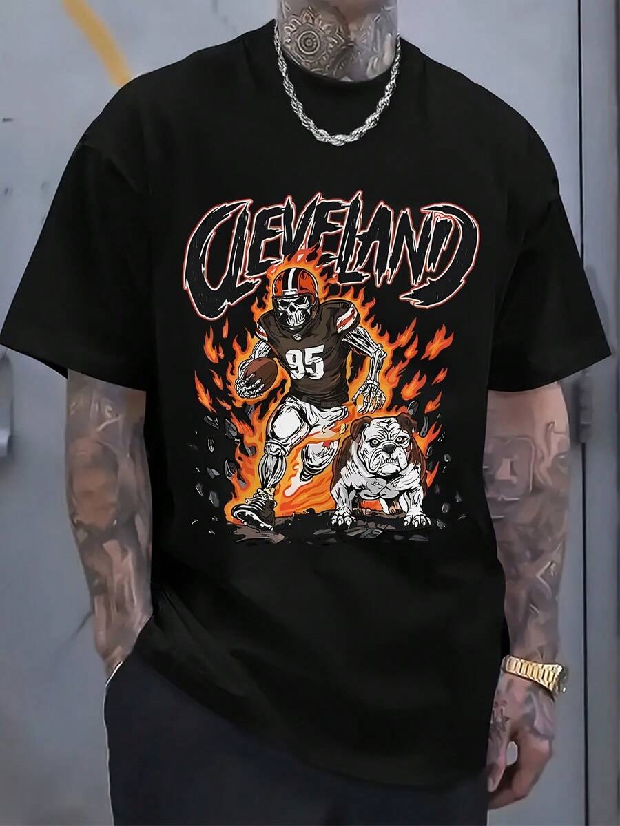 Men'S T-Shirt Inspired By Cleveland - Made Of 100% Cotton, Featuring Short Sleeves And A Relaxed Fit With An Energetic Football Design, Round Neckline - Perfect For Everyday Use And As Gifts. - Black - View 1