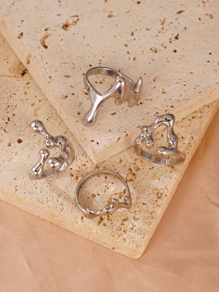 4pcs Creative Water Drop Design Stackable Geometric Rings Set For Women, Daily Wear, Parties, Gifts - Silver - View 4