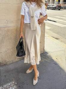 Lace Satin Maxi Skirts For Women Casual Elegant Fall A Line Elastic Waist High Rise Silk Midi Skirt With Lace Patchwork Y2k Aesthetic Going Out Skirt Party Club Streetwear - Rượu sâm banh - Xem 2