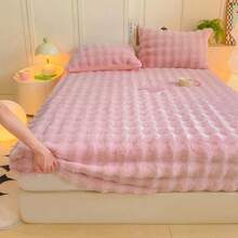3pcs Set: 1pc Thickened Solid Color Faux Fur Fitted Sheet + 2pcs Pillow Shams, All-Around Wrap-Around Design To Prevent Bed Slip, Machine Washable, Warm & Comfortable For Bedroom, Home, And Dorm Use - Pink - View 4