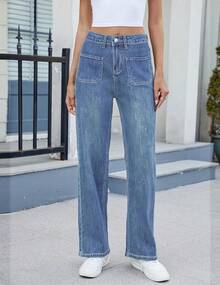 Wide Leg Jeans Straight Leg Jeans Baggy Denim Pantshalloween - 中號藍色-長 - 查看 3
