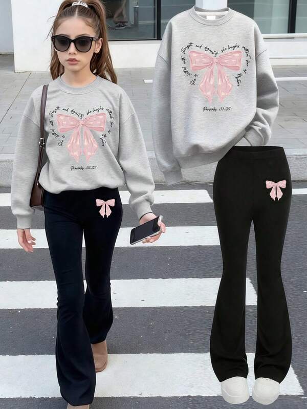 2 Pieces Girls Soft Cute Slogan Bow Print Long Sleeve Hoodie Set, Teen Fashion For Lake Outing, Summer-Fall