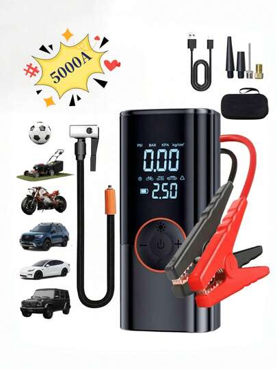 Arrancador de salto con compresor de aire, arrancador de batería de coche de 5000A 150PSI, caja de salto de batería de coche de 12V con cables de salto, pantalla LCD, iluminación LED