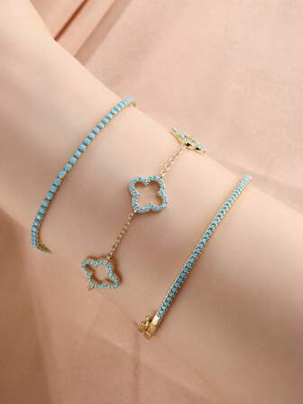 rakol 3 件时尚绿松石和方晶锆石镶嵌手链套装 - 适合日常佩戴