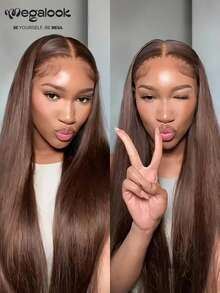 MEGALOOK 13x4蕾丝前假发，100%真人发丝，柔顺直发深棕色 - 预漂白发结，预拔毛发际线，透明蕾丝，高品质原生发，180%密度 - 日常佩戴舒适，适合办公室、派对、Y2K主题活动、度假、户外活动、周日盛装、学校、节日、圣诞节、返校季、婚礼、万圣节、约会之夜等场合，魅力女士假发 - S4 - 查看 3